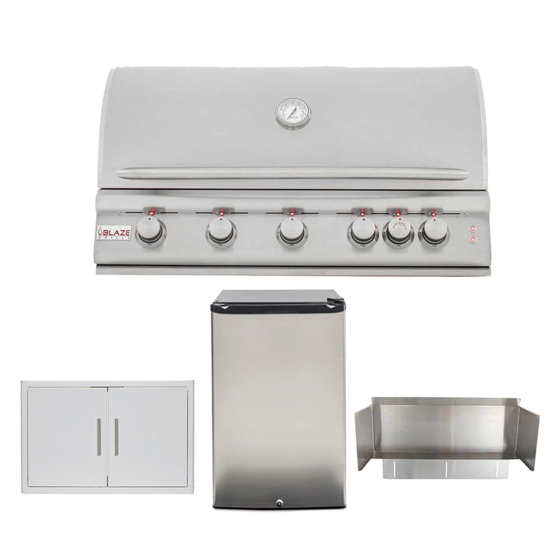 Blaze Outdoor Kitchen Bundle: 5 Burner Grill, Double Access Door, Fridge & Wind Guard