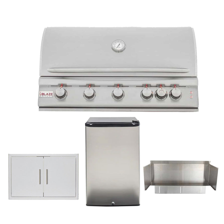 Blaze Outdoor Kitchen Bundle: 5 Burner Grill, Double Access Door, Fridge & Wind Guard