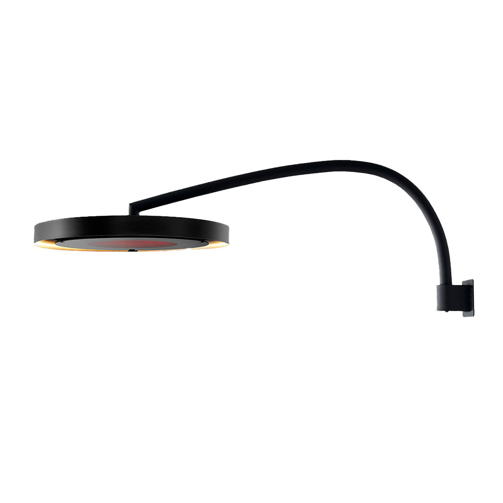 Black wall-mounted lamp with a long arm on a white background