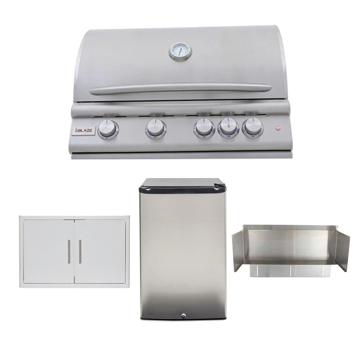 Blaze Outdoor Kitchen Bundle: Gas Grill, Double Access Door, Fridge & Wind Guard