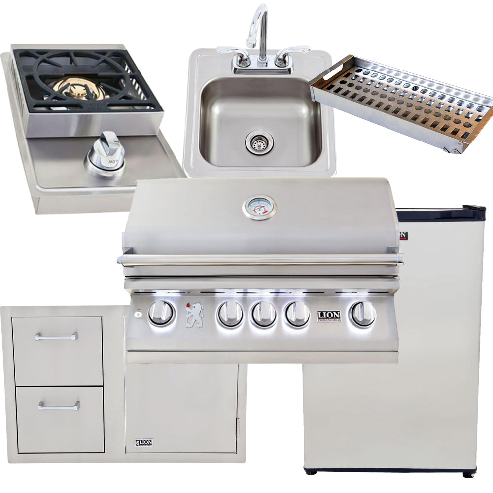 Lion L-75000 32" BBQ Bundle | Side Burner | Sink | Fridge | Storage