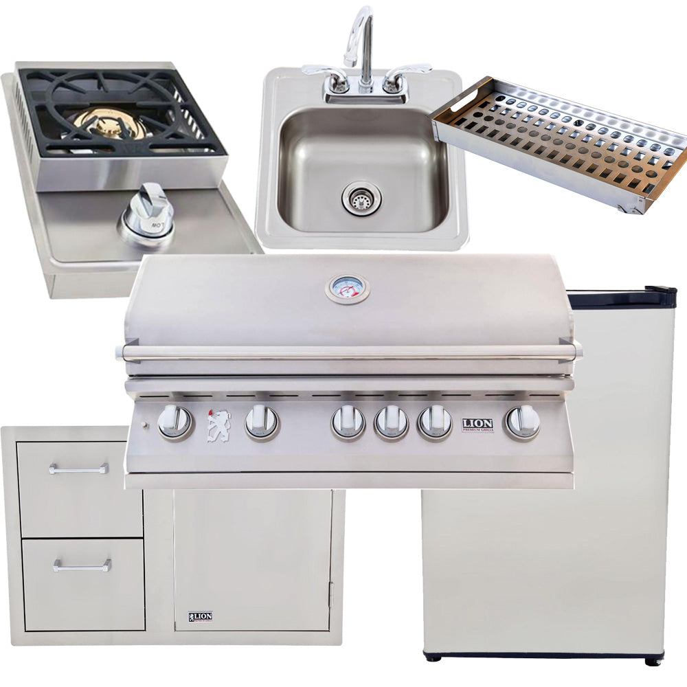 Lion L-90000 40" BBQ Bundle w/ Side Burner, Sink, Fridge & Storage